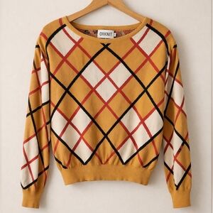 OXKNIT Argyle Sweater Medium Camel Red White 100% Cotton Preppy